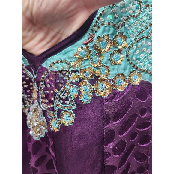 Embroidered Rubashka Couture Purple & Teal Kaftan Long Dress With Beaded Detail - Picture 4 of 9